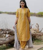 Mustard plain cotton kurta set with embroidery