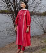 Red plain cotton kurta set with embroidery