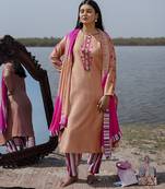 Peach plain floral cotton kurta set with embroidered sleeves