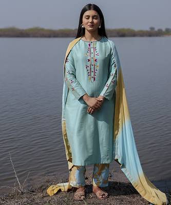 Aqua blue plain floral cotton kurta set with embroidered sleeves 1