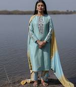 Aqua blue plain floral cotton kurta set with embroidered sleeves