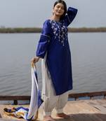 Navy blue plain cotton kurta set with embroidery