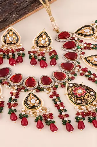 Pearl green-red onyx meena necklace set