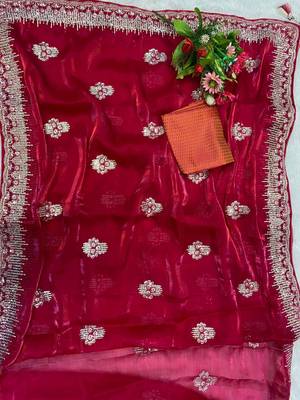 Cherry Pink Shimmering Jimmy Choo Crystal Saree 3