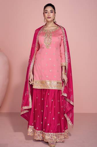 Pink color heavy embroidered sharara dress for graceful ceremonial looks