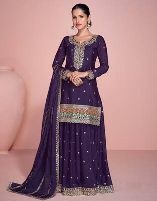 Purple color heavy embroidered Palazzo Suit 1