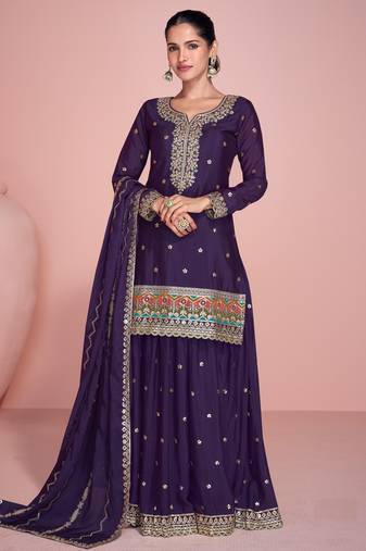 Purple color heavy embroidered Palazzo Suit