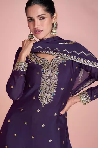 Purple color heavy embroidered Palazzo Suit
