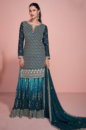 Teal Embroidered Palazzo Suit