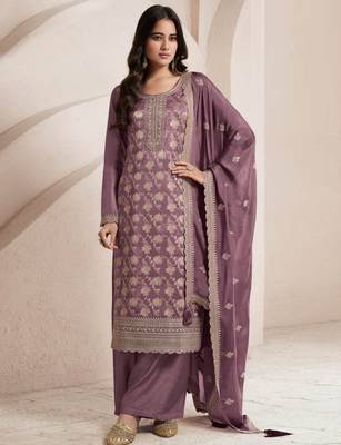 Onion Pink color jacquard embroidered Suit 1