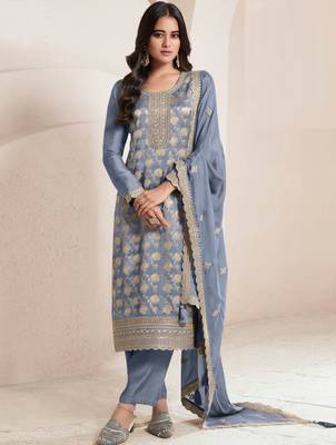 Grey color jacquard embroidered Suit 1