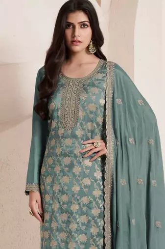 Green color jacquard embroidered Suit