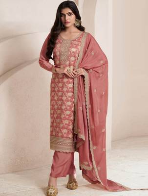 Orange color jacquard embroidered Kurta With Pant 1