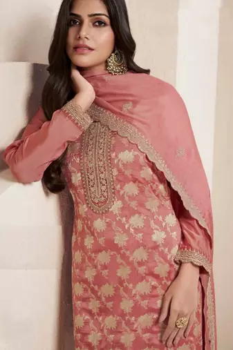 Orange color jacquard embroidered Kurta With Pant