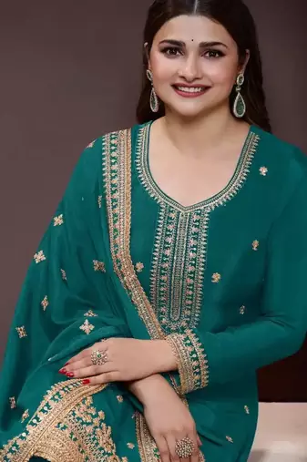 Aqua green color chinon fabric beautiful heavy wedding wear sharara dress