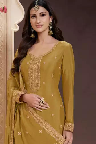Yellow color chinon fabric beautiful heavy wedding wear sharara dress