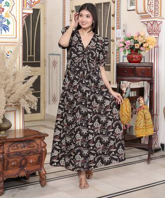  womens multicolored pleated puff sleeve floral cotton butterfly maxi dress 1