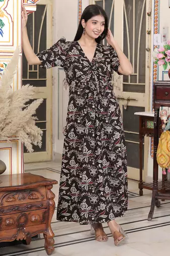  womens multicolored pleated puff sleeve floral cotton butterfly maxi dress