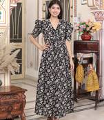  womens pleated puff sleeve floral cotton black and white butterfly maxi dress