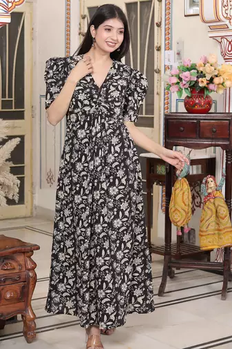  womens pleated puff sleeve floral cotton black and white butterfly maxi dress