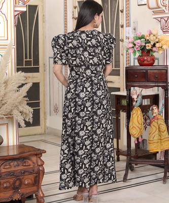  womens pleated puff sleeve floral cotton black and white butterfly maxi dress 4