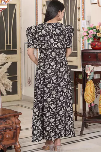  womens pleated puff sleeve floral cotton black and white butterfly maxi dress
