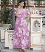  womens pink floral print puff sleeve cotton fit flare butterfly maxi dress