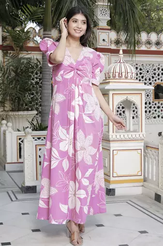  womens pink floral print puff sleeve cotton fit flare butterfly maxi dress