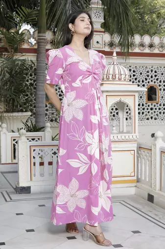  womens pink floral print puff sleeve cotton fit flare butterfly maxi dress