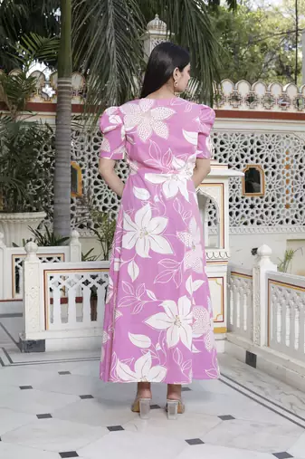  womens pink floral print puff sleeve cotton fit flare butterfly maxi dress