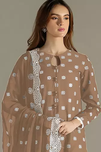Beige faux georgette fabric embroidery work beautiful occasional wear suit