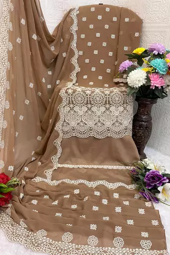 Beige faux georgette fabric embroidery work beautiful occasional wear suit