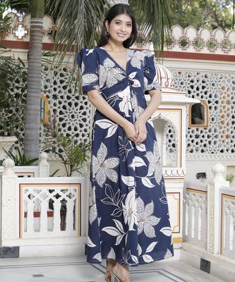  womens blue flower printed puff sleeve cotton fit v neck butterfly middi dress 3
