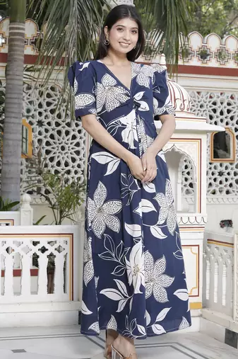  womens blue flower printed puff sleeve cotton fit v neck butterfly middi dress