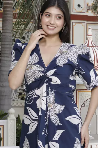  womens blue flower printed puff sleeve cotton fit v neck butterfly middi dress