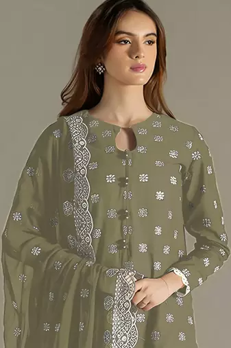 Green color faux georgette fabric embroidery work beautiful occasional wear suit