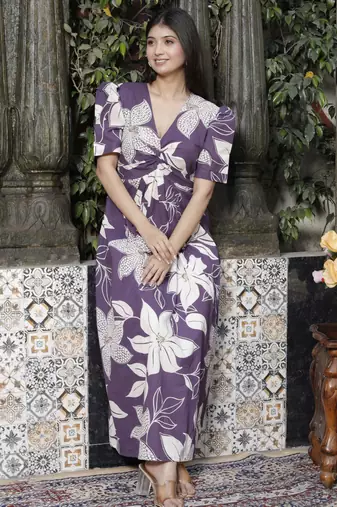  womens purple pleated puff sleeve floral cotton butterfly middi dress