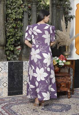  womens purple pleated puff sleeve floral cotton butterfly middi dress 4