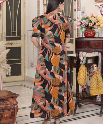  womens cotton black puff sleeve floral printed butterfly maxi dress 3