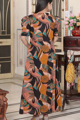  womens cotton black puff sleeve floral printed butterfly maxi dress