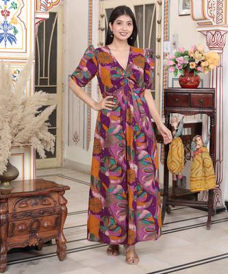  womens floral print puff sleeve cotton fit flare magenta butterfly maxi dress 1