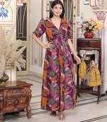  womens floral print puff sleeve cotton fit flare magenta butterfly maxi dress