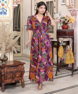 womens floral print puff sleeve cotton fit flare magenta butterfly maxi dress 2