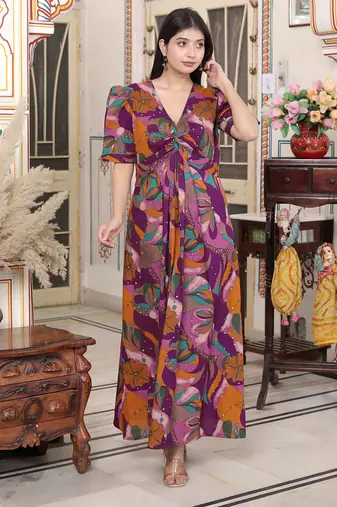  womens floral print puff sleeve cotton fit flare magenta butterfly maxi dress