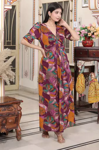  womens floral print puff sleeve cotton fit flare magenta butterfly maxi dress