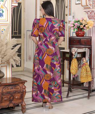  womens floral print puff sleeve cotton fit flare magenta butterfly maxi dress 4