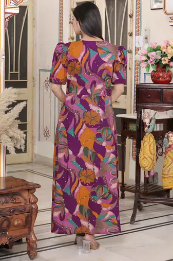  womens floral print puff sleeve cotton fit flare magenta butterfly maxi dress