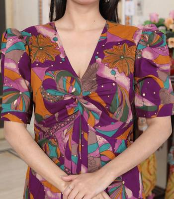  womens floral print puff sleeve cotton fit flare magenta butterfly maxi dress 5