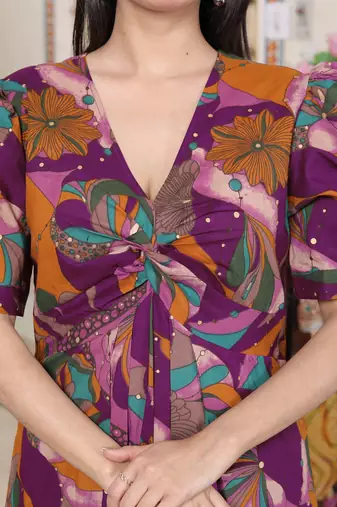  womens floral print puff sleeve cotton fit flare magenta butterfly maxi dress