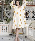  womens polka dot printed collar neck yellow loose fit a-line tiered dress